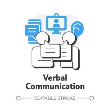 Sözlü iletişim düz ana hatlı konsept simgesi. Sosyal mesajlaşma, sohbet. Video görüşmesi, çevrimiçi konuşma. Mavi kabartmalı modern çizgi çizimi. Kavramsal görsel. Düzenlemesi kolay