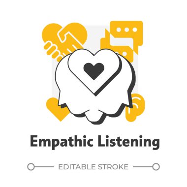 Empatik dinleme düz ana hatlı konsept ikonu. Sosyal destek, yardım. Yardım, iletişim. Zihinsel sağIık. Portakal kabartmalı modern çizim. Kavramsal görsel. Düzenlemesi kolay