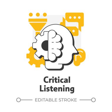 Kritik dinleme düz ana hatlı konsept ikonu. Bilgi analizi, bilgi işleme. İletişim yeteneği. Portakal kabartmalı modern çizim. Kavramsal görsel. Düzenlemesi kolay