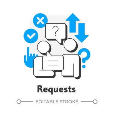 Düz taslak konsept simgesi istiyor. Konuşma, diyalog. Sosyal etkileşim. Ağ kurmak, anlaşmazlık. Mavi kabartmalı modern çizgi çizimi. Kavramsal görsel. Düzenlemesi kolay