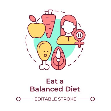 Dengeli diyet çok renkli konsept simgesi ye. Orgazm belirtilerini azaltır. Menopoz önleme. Kadın sağlığı. Yuvarlak şekil çizimi. Soyut bir fikir. Grafik tasarımı. Günlük paylaşımında kullanması kolay