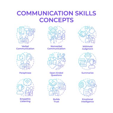 İletişim yetenekleri mavi gradyan konsept simgeleri. Empatik dinleme, konuşma. Duygusal zeka. Simge paketi. Vektör görüntüleri. Broşür için yuvarlak şekilli çizimler, blog yazıları. Soyut fikir