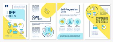Yaşam becerileri mavi ve sarı broşür. Çekirdek, öz denetim ve geliştirme stratejisi. Renk çizgisi simgeli broşür reklam tasarımı. Düzenlenebilir 4 sayfa. Questrial, Lato-Düzenli yazı tipleri