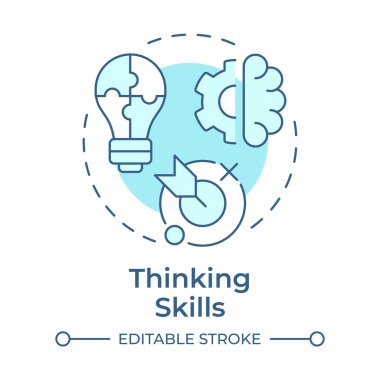 Düşünme becerileri yumuşak mavi konsept ikonu. Fikir üretmek ve analiz etmek için zihinsel bir yetenek. Yaşam becerileri. Yuvarlak şekil çizimi. Soyut bir fikir. Grafik tasarımı. Makalede kullanması kolay