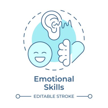 Duygusal beceriler, yumuşak mavi konsept ikonu. Tanımak, anlamak, duygularını ifade etmek. Yaşam becerileri. Yuvarlak şekil çizimi. Soyut bir fikir. Grafik tasarımı. Makalede kullanması kolay