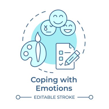 Duygularla başa çıkmak. Yumuşak mavi kavram ikonu. Duygularını kabul et. Duygusal ve öz denetim yetenekleri. Yuvarlak şekil çizimi. Soyut bir fikir. Grafik tasarımı. Makalede kullanması kolay