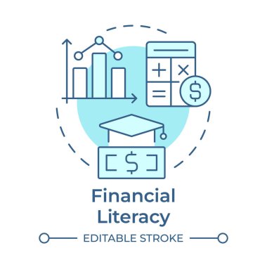 Finansal okuryazarlık, yumuşak mavi kavram ikonu. Etkili para yönetimi. Bütçe stratejisi. Yaşam becerisi. Yuvarlak şekil çizimi. Soyut bir fikir. Grafik tasarımı. Makalede kullanması kolay