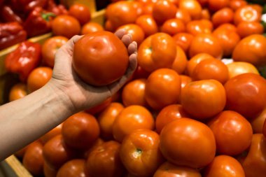 Kadınların elleri içinde çarşı içinde kırmızı olgun sulu domates