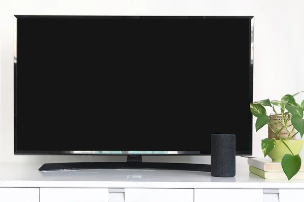 Oturma odasında bazı yeşil bitkilerin yanında siyah ekranı olan akıllı bir televizyon modeli..