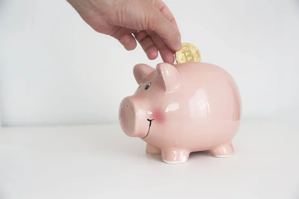 Hand saving a bitcoin coin into a pig peggy bank against a white background. Future investment concept and empty copy space for Editor\'s text.
