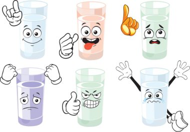Bir bardak su karikatürü karakteri. Duygusal koleksiyon. Çocuk boyama kitabı, boyama sayfaları, tişört baskısı, ikon, logo, etiket, etiket, çıkartma için çizgi film karakterleri. Vektör.