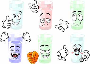 Bir bardak su karikatürü karakteri. Duygusal koleksiyon. Çocuk boyama kitabı, boyama sayfaları, tişört baskısı, ikon, logo, etiket, etiket, çıkartma için çizgi film karakterleri. Vektör.