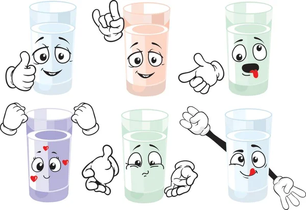 Bir bardak su karikatürü karakteri. Duygusal koleksiyon. Çocuk boyama kitabı, boyama sayfaları, tişört baskısı, ikon, logo, etiket, etiket, çıkartma için çizgi film karakterleri. Vektör.