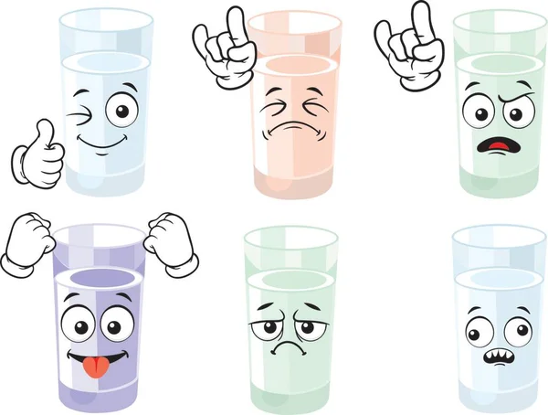 Bir bardak su karikatürü karakteri. Duygusal koleksiyon. Çocuk boyama kitabı, boyama sayfaları, tişört baskısı, ikon, logo, etiket, etiket, çıkartma için çizgi film karakterleri. Vektör.