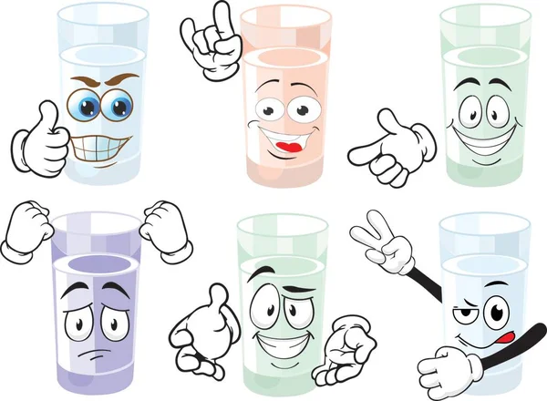 Bir bardak su karikatürü karakteri. Duygusal koleksiyon. Çocuk boyama kitabı, boyama sayfaları, tişört baskısı, ikon, logo, etiket, etiket, çıkartma için çizgi film karakterleri. Vektör.