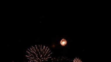 Göz kamaştırıcı, soyut, göz kamaştırıcı, güzel havai fişek gösterisi parktaki karanlık gökyüzü arka planında. Noel ve Yeni Yıl Festivali 'ni kutlayın. Mutlu bayram yıldönümü partisi