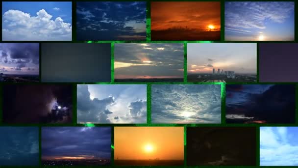 4K多显示器屏幕上的多云日出 日落和风暴与气候变化的概念在明亮的绿色地球粒子周围运动的黑色和绿色梯度背景 图库视频片段