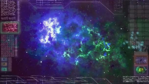 Intelligence多くの輝く星で銀河を走行する宇宙船のモニター画面 ビッグデータによる将来の量子技術によるコントローラ — ストック動画