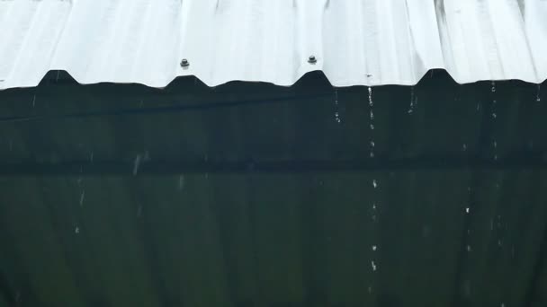 Медленно Движущийся Дождь Льет Белой Промышленной Плоской Металлической Крыши Абстрактный — стоковое видео
