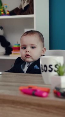 Zeki takım elbiseli küçük bir bebek renkli oyuncaklar ve eğlenceli dekorlarla çevrili şık bir masanın arkasında ciddi şekilde oturur.