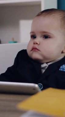 Şık bir takım elbise giymiş genç bir çocuk düşünceli bir şekilde bir masada, derin bir düşünce ve tefekkür içinde oturuyor.