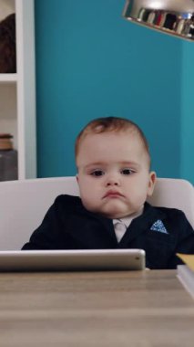 Takım elbiseli küçük bir bebek masa başında oturuyor ve ciddi bir tavır sergiliyor. İş temalarına tam uyuyor.