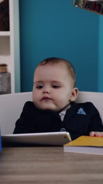 Şık ve modaya uygun takım elbiseli, sevimli, çekici bir bebek, özgüvenli bir masada oturuyor, odaklanmış görünüyor.