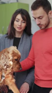 Sıcak ve sıcak bir ev ortamında, bir erkek ve bir kadın, altın köpekleriyle sevgi dolu bir etkileşimi paylaşıyorlar.