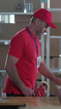 Birkaç Milenyum Kafkasyalı Kırmızı Üniformalı Karton Kutuları Postanede İşbirliği İçin Taşıyor ve Paketliyor.