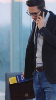 Takım elbiseli iyi giyimli bir adam telefonda konuşuyor. Arkasında pitoresk bir okyanus manzarası var. Profesyonelliği rahat manzarayla harmanlıyor.