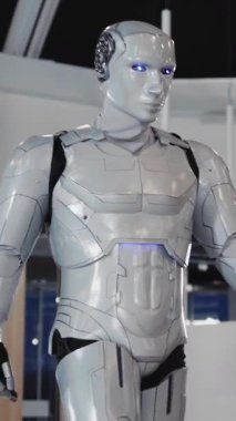 Gelecekçi robot mavi gözlü şirket inşaat şirketinin içinde iş başvurusunda bulunuyor. Geleceğin işçisi. Robot bilimi. AI konsepti.
