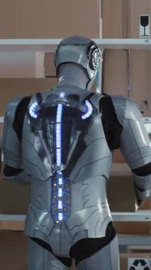 Gelecek şu andır. Postane atölyesinde çalışan sibernetik fütürist robot çalışanı ağır teslimat kutularını tek başına taşıyor. Hizmetler. Robot bilimi.