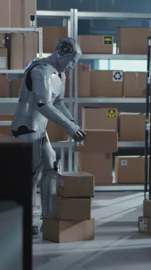 Sibernetik geleceğin robot çalışanı paket teslimat kutularını içinde taşıyarak atölye postanesinin vitrinini dağıtıyor. Başarısızlık kavramı.