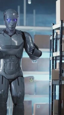 Gelecekçi gümüş cyborg atölye atölyesi postane teslimat mağazasında çalışıyor. Yapay zeka. Robotların istihdamı. Gelecek konsepti.