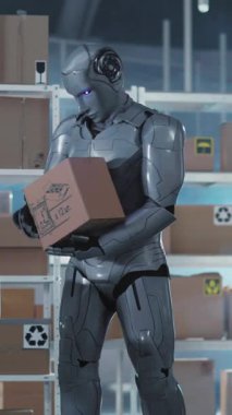 Sibernetik komik robot iş yerinde dans ediyor, posta deposunda modern işlerden keyif alıyor, müşteriler için karton kutular taşıyor. Gelecek şimdidir..
