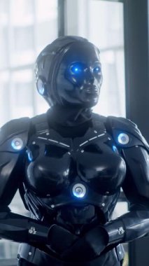 Şık, şık, son derece gelişmiş, parlak mavi ışıkları ve inanılmaz derecede müthiş bir tasarımı olan bir robot figürü.