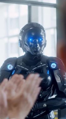 Parlayan mavi elementlerle çağdaş bir ortamda gururla duran parlak, fütürist bir android figürü.