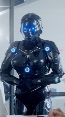 Parlayan mavi elementlere sahip parlak siyah bir robot modern bir ofiste güvenle duruyor..