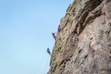 Kaya tırmanışı. Bir grup genç kaya dağcılar dikey granit kayaya tırmanmak. Aşırı spor
