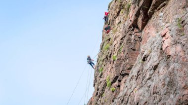 Kaya tırmanışı. Bir grup genç kaya dağcılar dikey granit kayaya tırmanmak. Aşırı spor