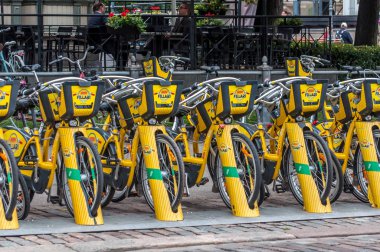 Helsinki, Finlandiya - 4 Eylül 2018: Bisiklet Kiralama. Alepa Fillari Şehir bisikletleri Park, kiracılar için bekliyor