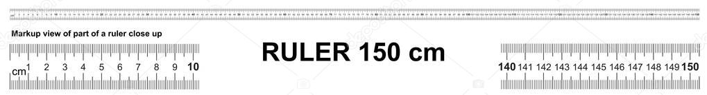 Ruler 150 cm. Precise measuring tool. Ruler scale 1,5 meter. Ruler grid 1500 mm. Metric centimeter size indicators