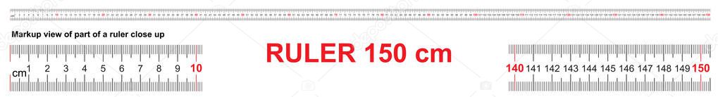 Ruler 150 cm. Precise measuring tool. Ruler scale 1,5 meter. Ruler grid 1500 mm. Metric centimeter size indicators