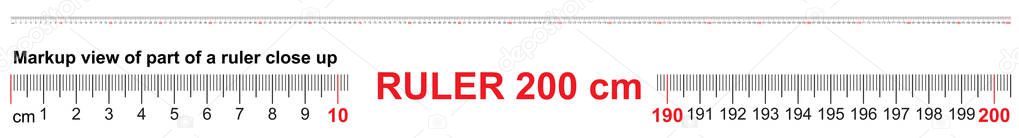 Ruler 200 cm. Precise measuring tool. Ruler scale 2,0 meter. Ruler grid 2000 mm. Metric centimeter size indicators.