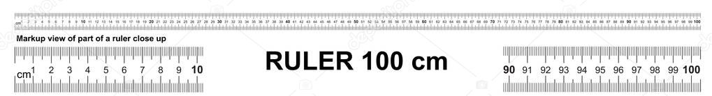 Ruler 100 cm. Precise measuring tool. Ruler scale 1 meter. Ruler grid 1000 mm. Metric centimeter size indicators