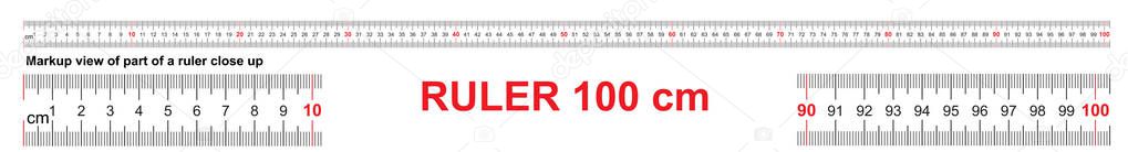 Ruler 100 cm. Precise measuring tool. Ruler scale 1 meter. Ruler grid 1000 mm. Metric centimeter size indicators