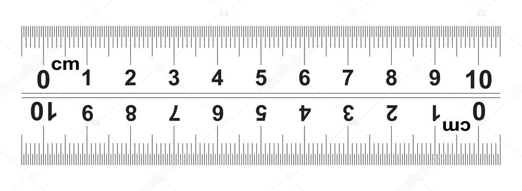 Ruler 10 centimeter. Ruler 100 mm. The direction of marking on the ruler from left to right and right to left. Value of division 0.5 mm. Precise length measurement device. Calibration grid.