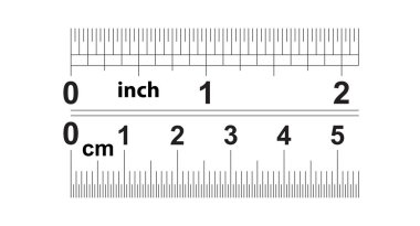 Ruler 2 inshes. Ruler 5 centimeters. Value of division - 32 divisions by inch and 0.5 mm. Precise length measurement device. Calibration grid. clipart