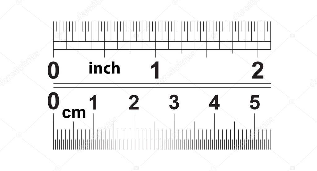 Ruler 2 inshes. Ruler 5 centimeters. Value of division - 32 divisions by inch and 0.5 mm. Precise length measurement device. Calibration grid.