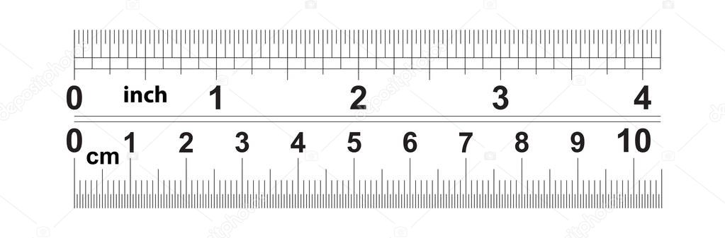 Ruler 4 inshes. Ruler 10 centimeters. Value of division - 32 divisions by inch and 0.5 mm. Precise length measurement device. Calibration grid.